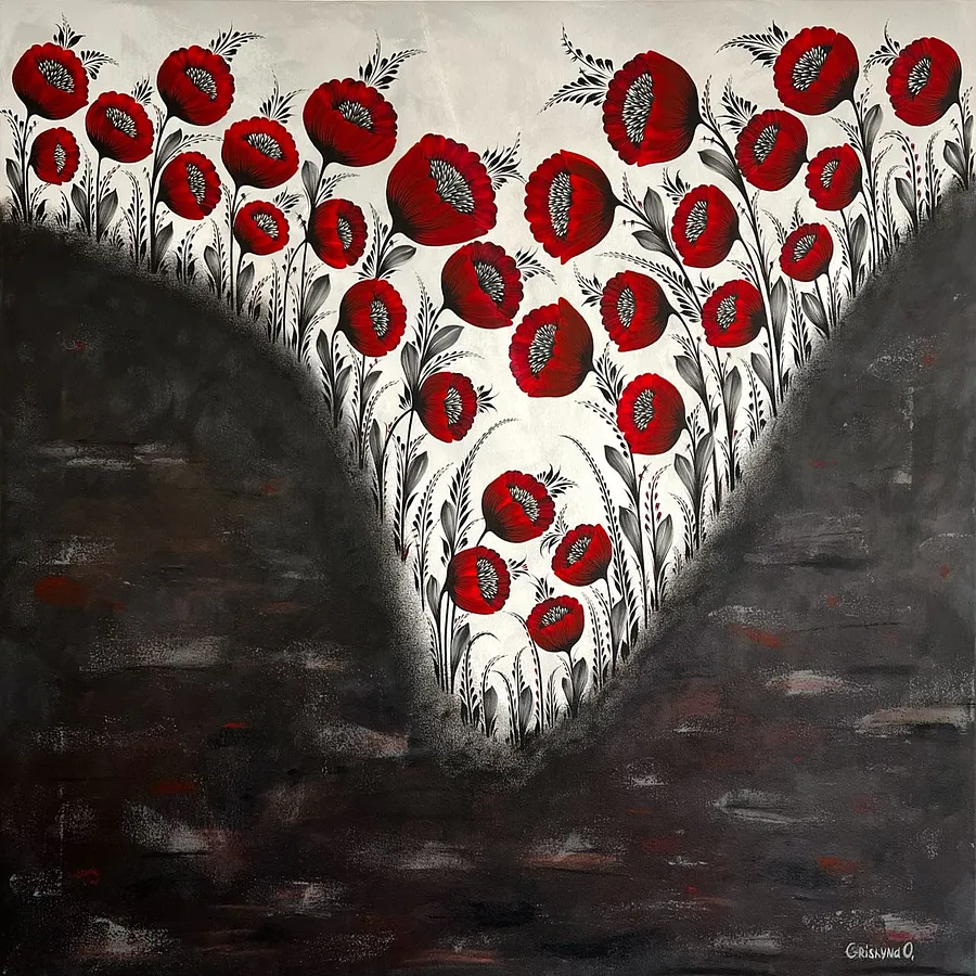 Image of Abyss by Olena Grishyna, size: 80x80cm, made of acrylic/pastels/canvas, Painting medium, from Germany, part of the Flowers of Remembrance series, priced at €800