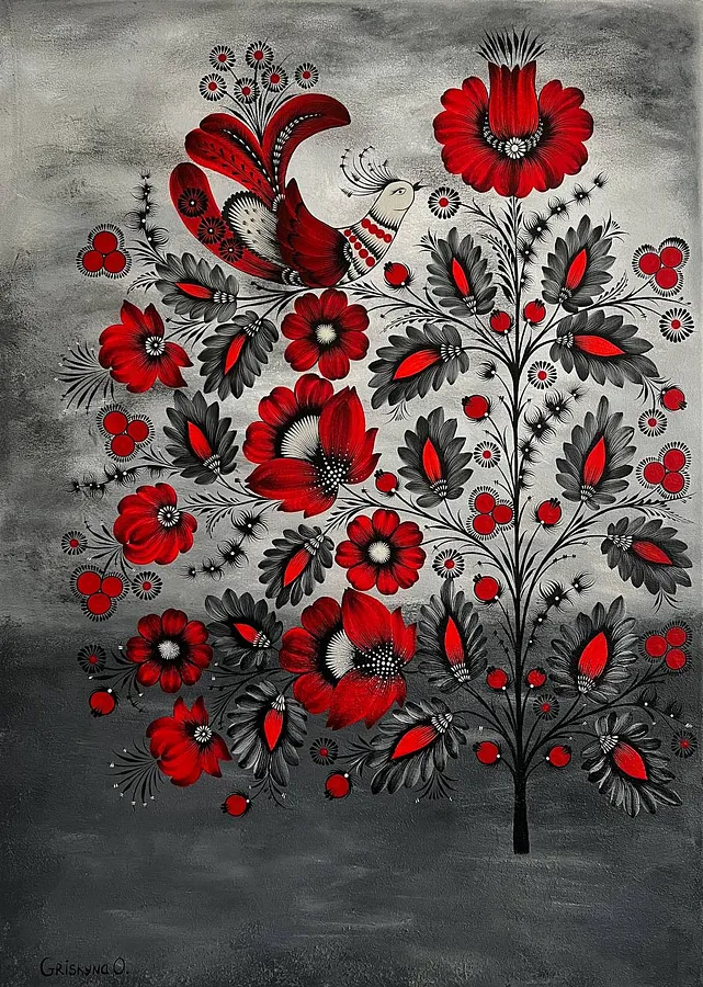 Image of Revival by Olena Grishyna, size: 50x70cm, made of acrylic/canvas, Painting medium, from Germany, part of the Flowers of Remembrance series, priced at €550