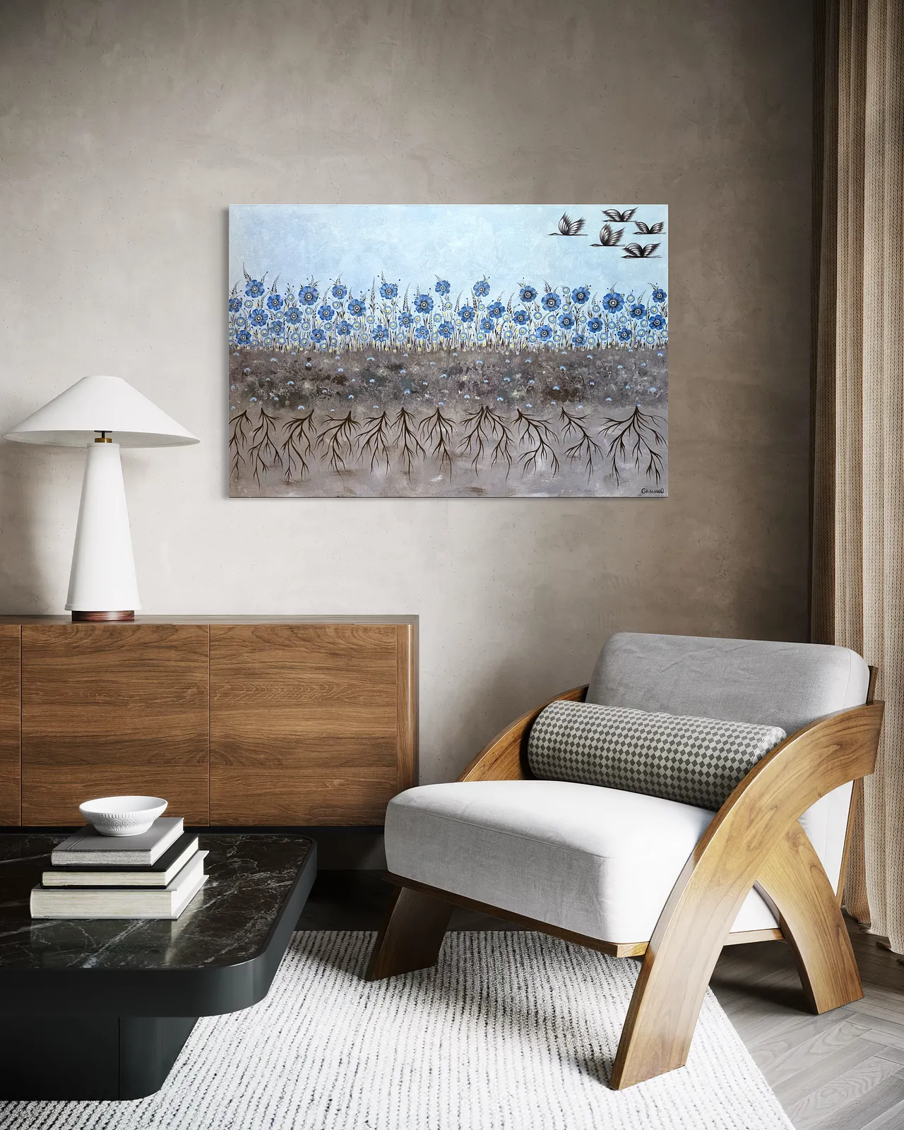 Image of Uprooted by Olena Grishyna, size: 60х90 см, made of acrylic/thread/canvas, Painting medium, from Germany, priced at €750 Photo 3 of 3.