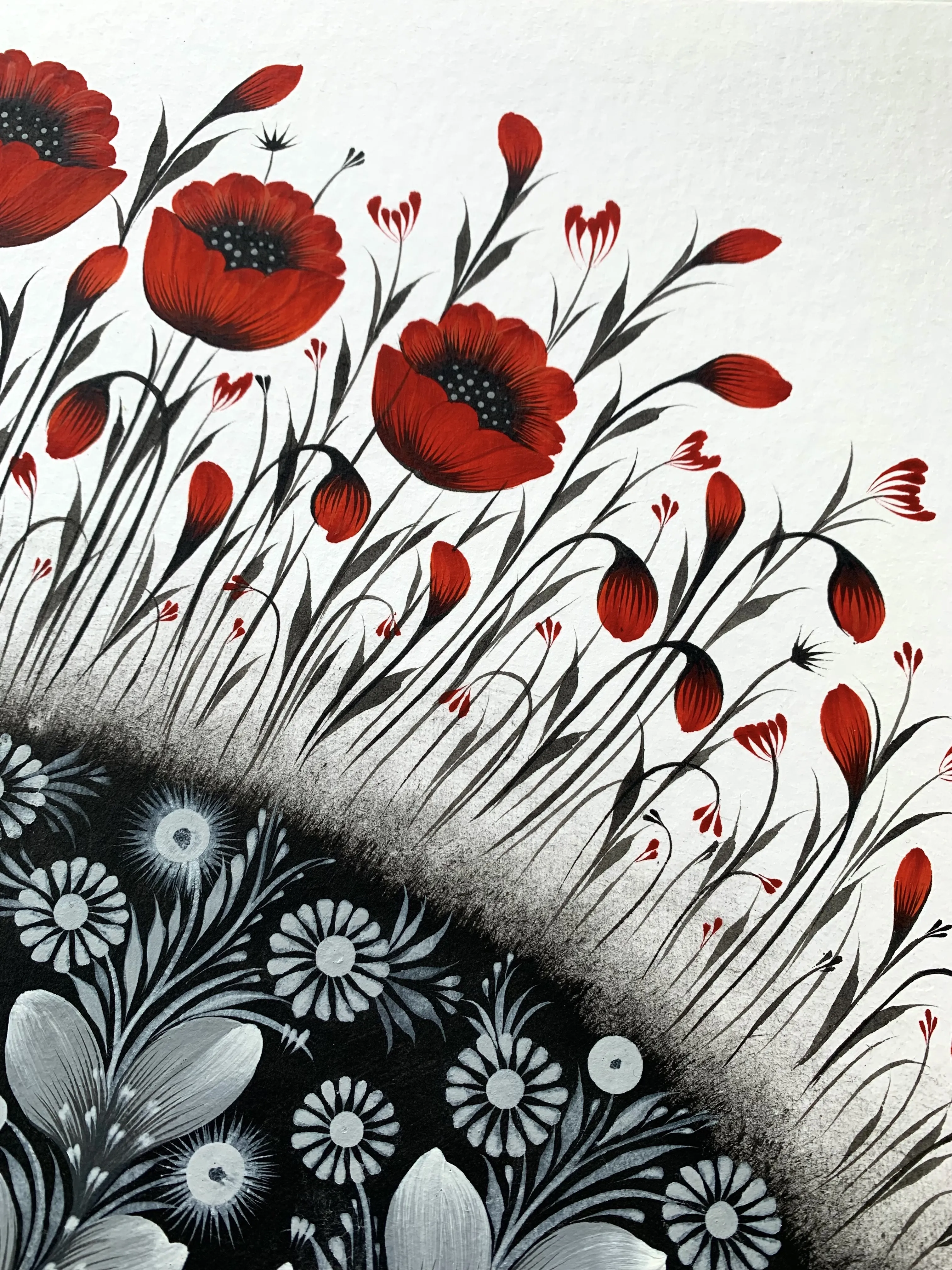 Image of Red poppies have already bloomed by Olena Grishyna, size: 30х40 cm, made of acrylic/paper, Painting medium, from Germany, part of the Flowers of Remembrance series, priced at €270 Photo 3 of 5.