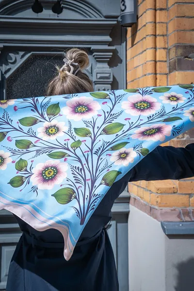 Image of Vesniana. Large | 95x95 cm by Olena Grishyna, size: 95х95 см, made of silk, Silk scarves medium, priced at €93 Photo 2 of 4.